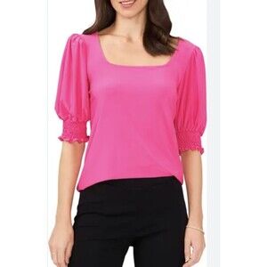 CeCe Women’s Pink Smocked Square Neck Blouse Sz M